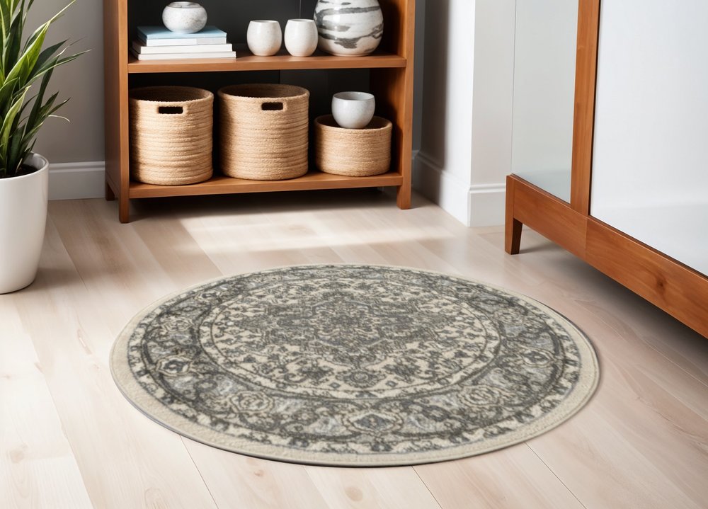 4' Blue Floral Power Loom Round Rug