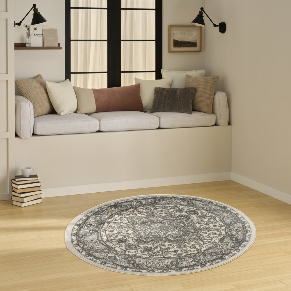 4' Blue Floral Power Loom Round Rug
