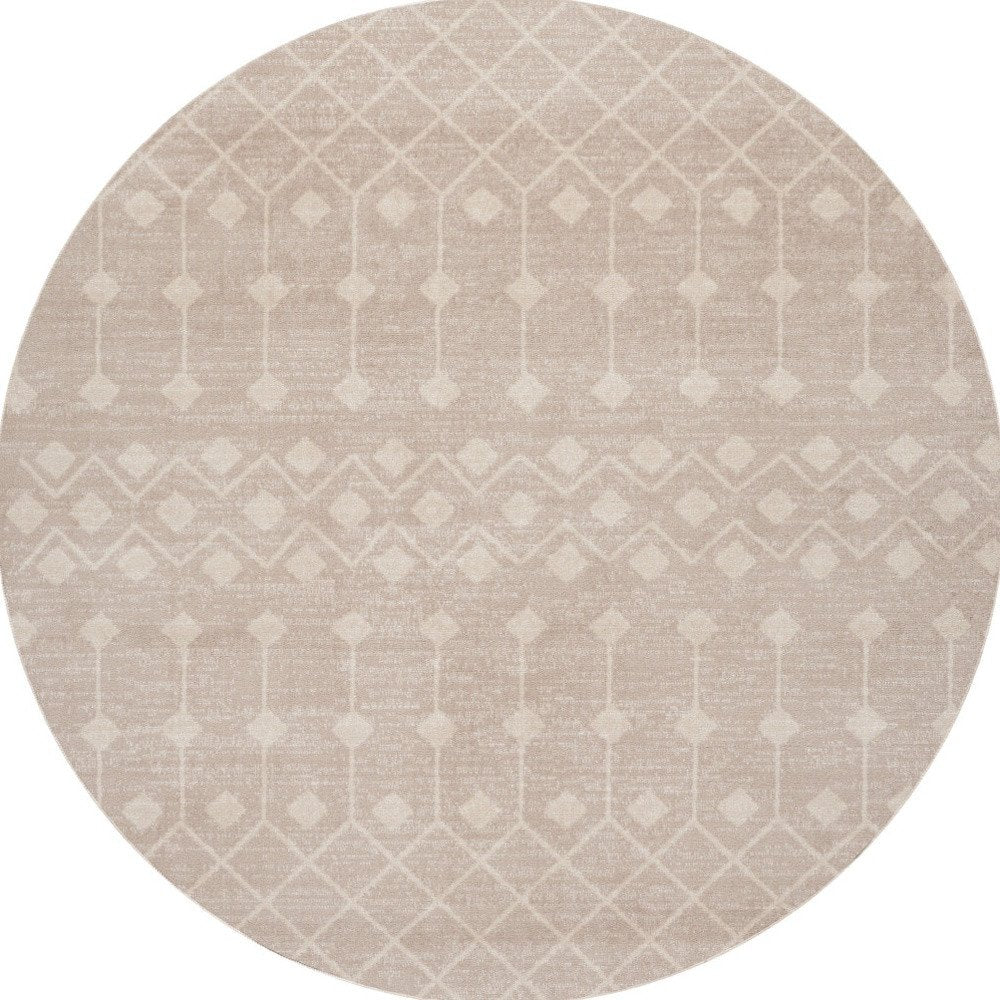 4' Beige Geometric Power Loom Round Rug