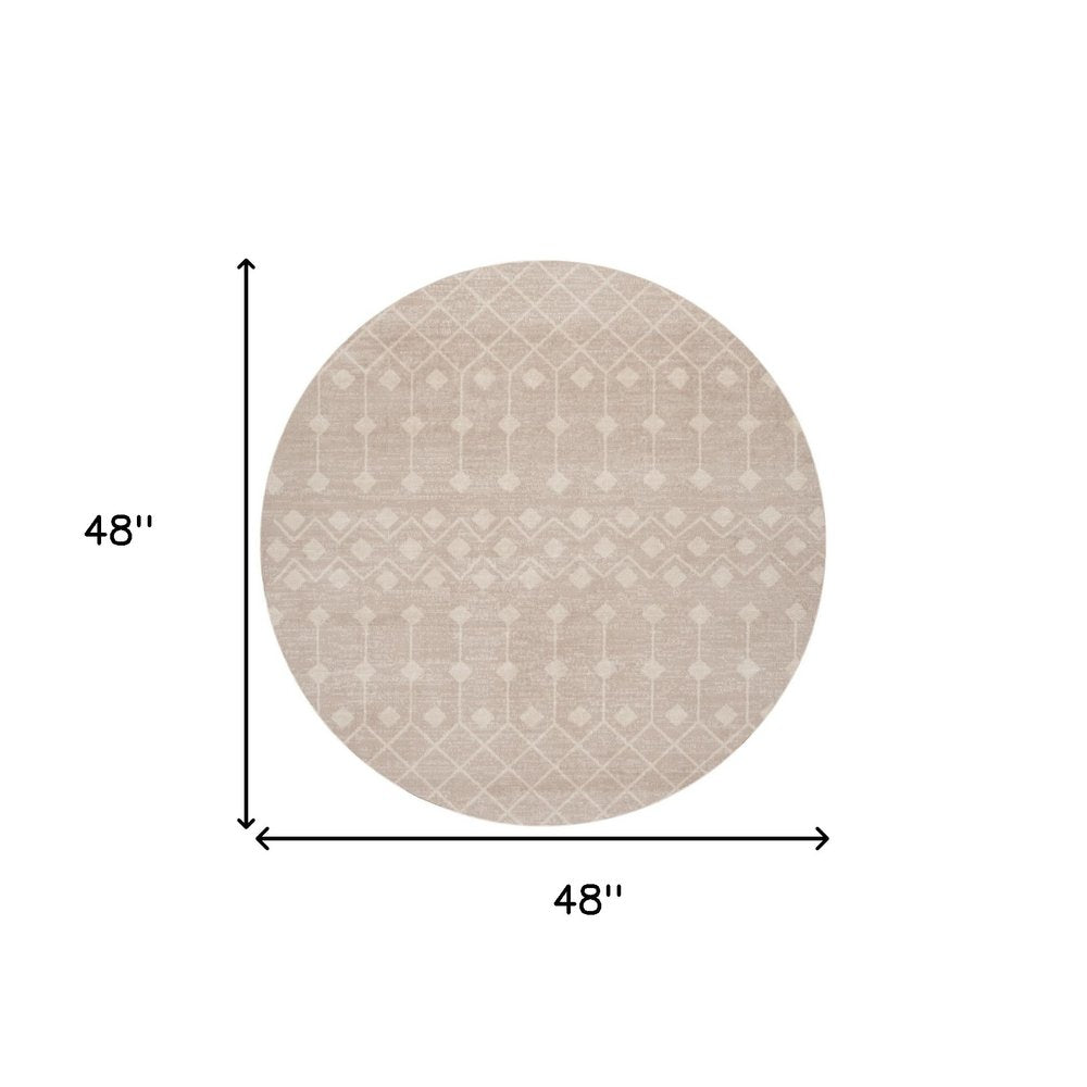 4' Beige Geometric Power Loom Round Rug