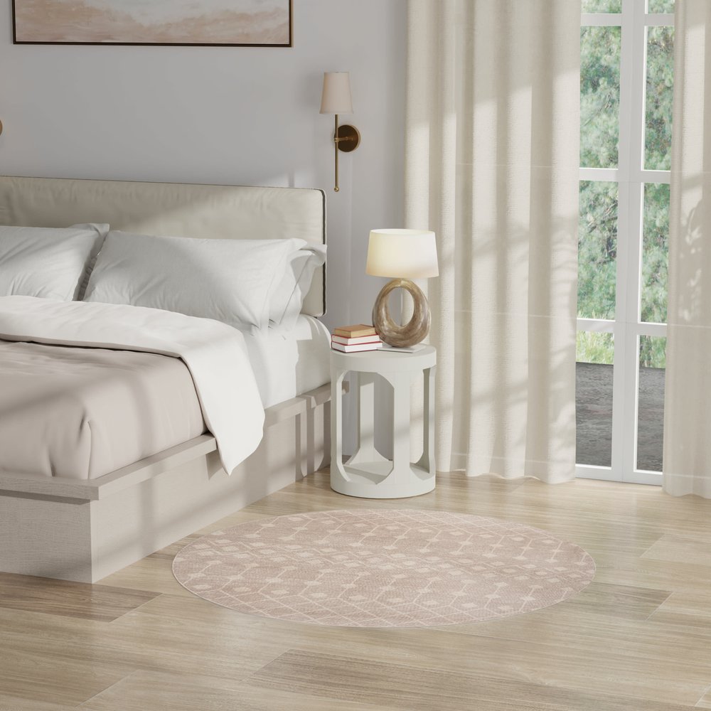 4' Beige Geometric Power Loom Round Rug