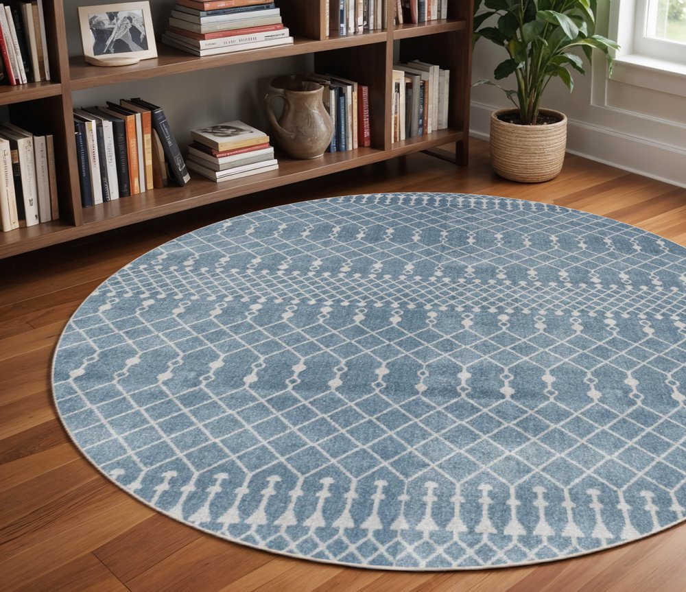 4' Blue Geometric Power Loom Round Rug