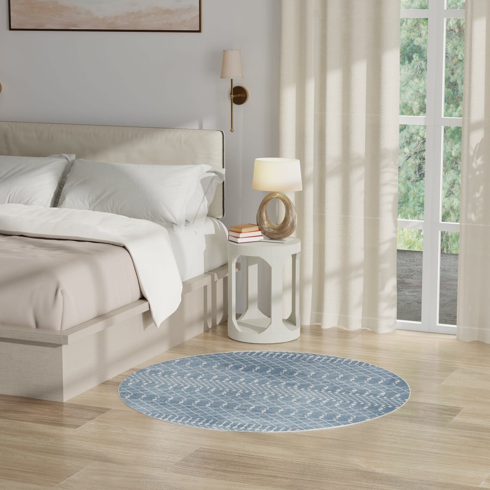 4' Blue Geometric Power Loom Round Rug