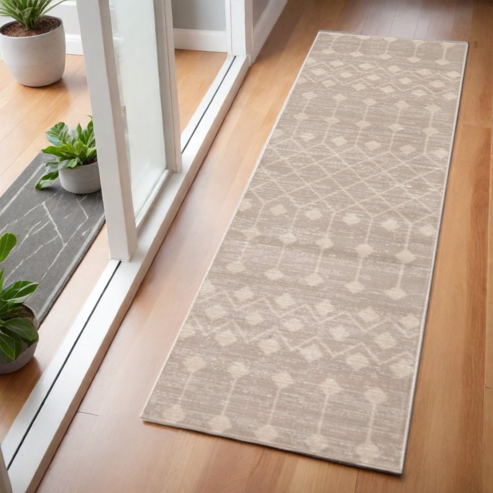 6' Beige Geometric Power Loom Runner Rug