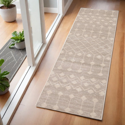 6' Beige Geometric Power Loom Runner Rug