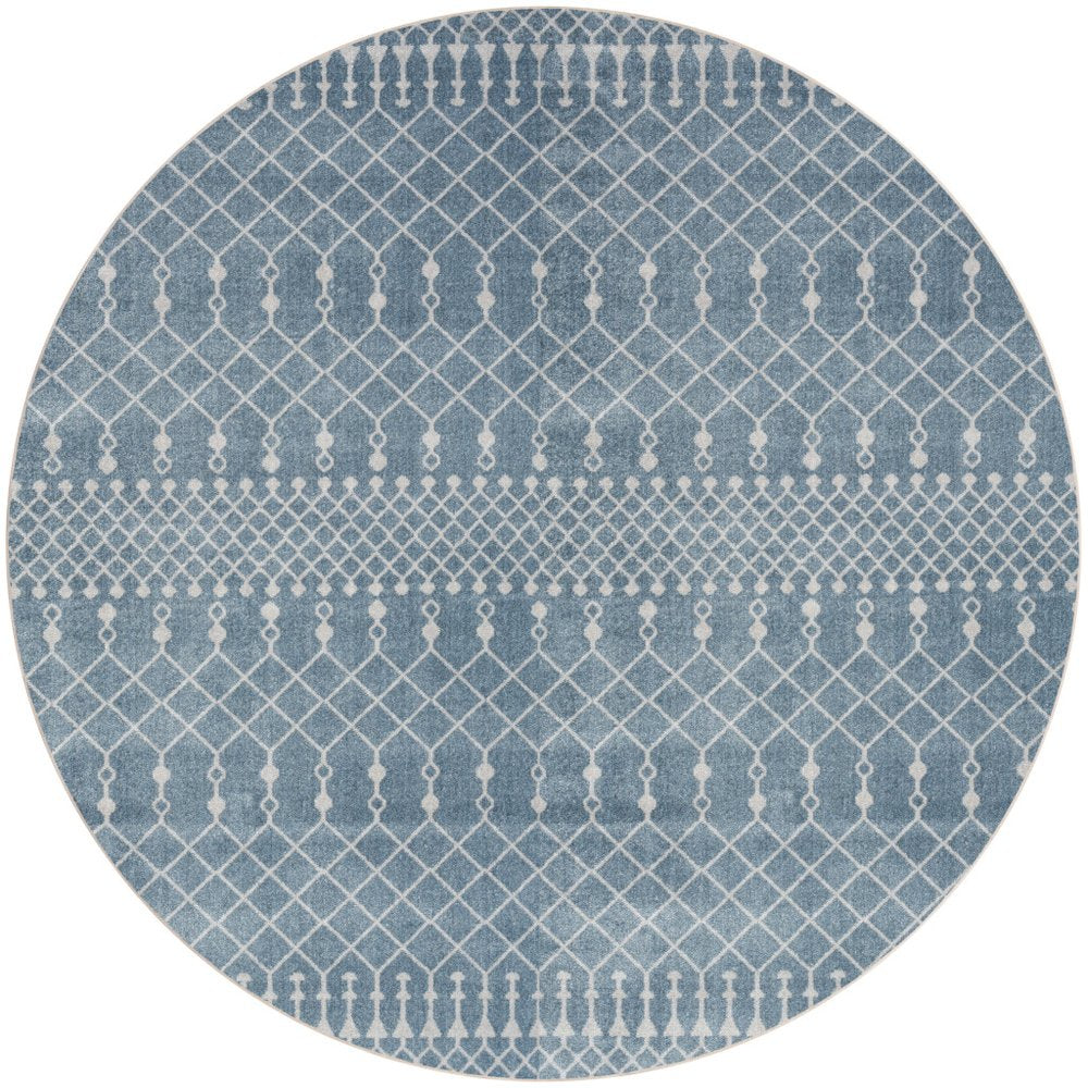 5' Blue Geometric Power Loom Round Rug
