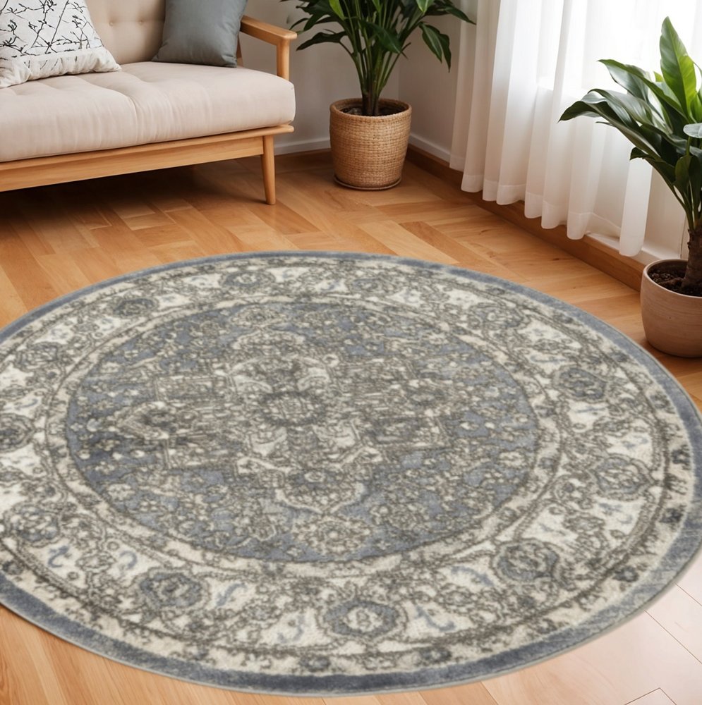 8' Blue Floral Power Loom Round Rug