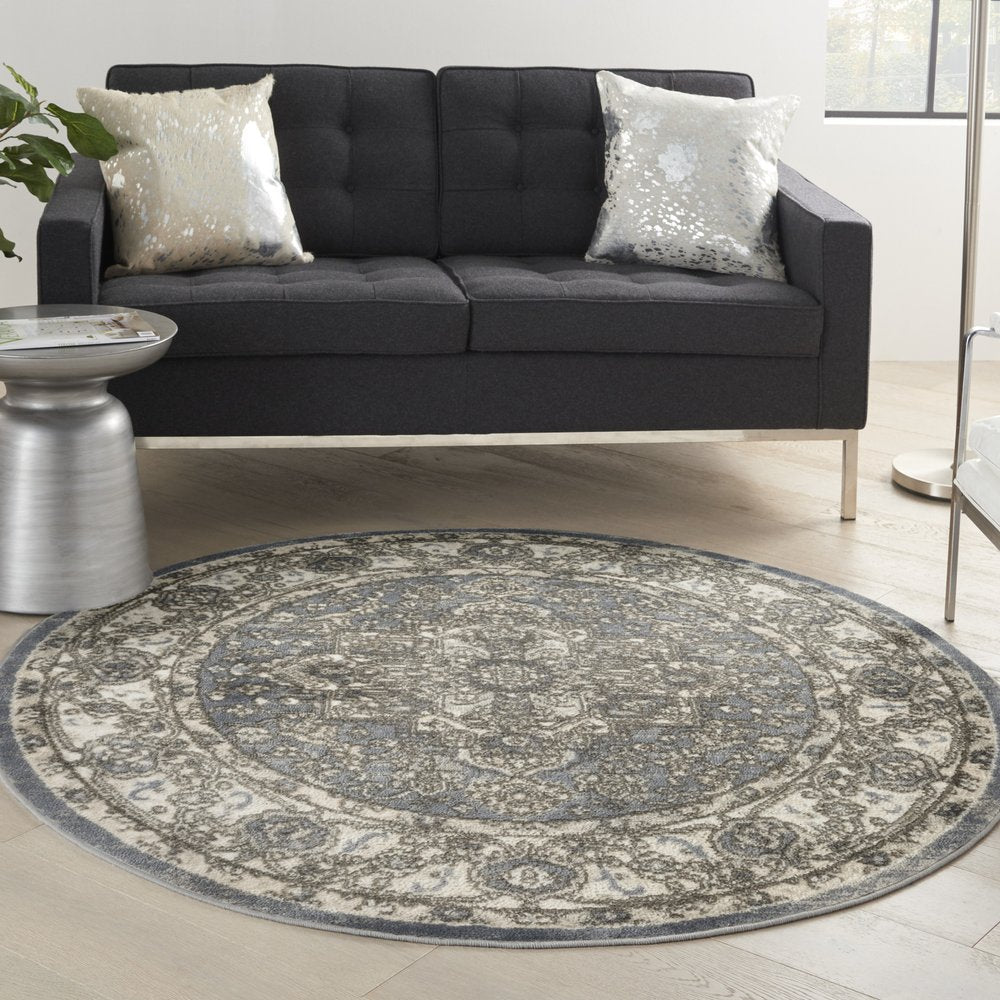 8' Blue Floral Power Loom Round Rug