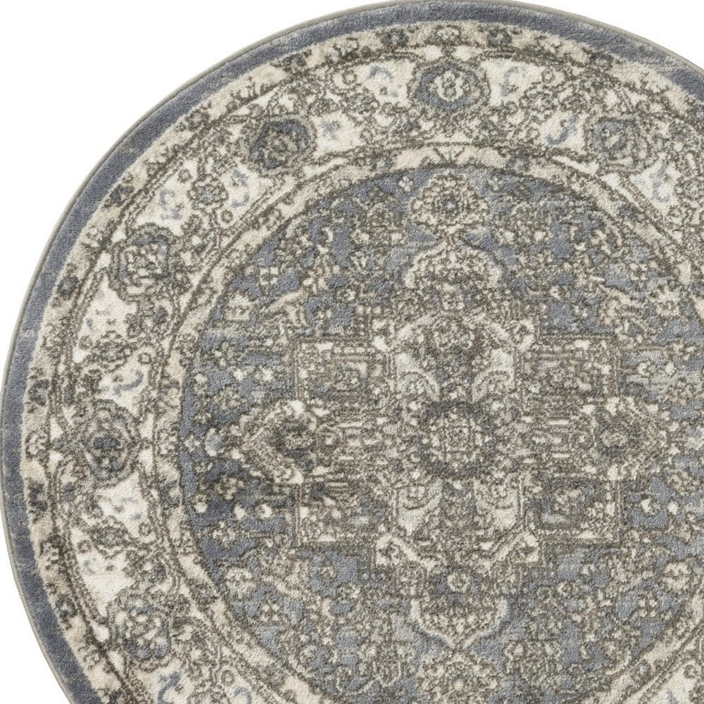 8' Blue Floral Power Loom Round Rug