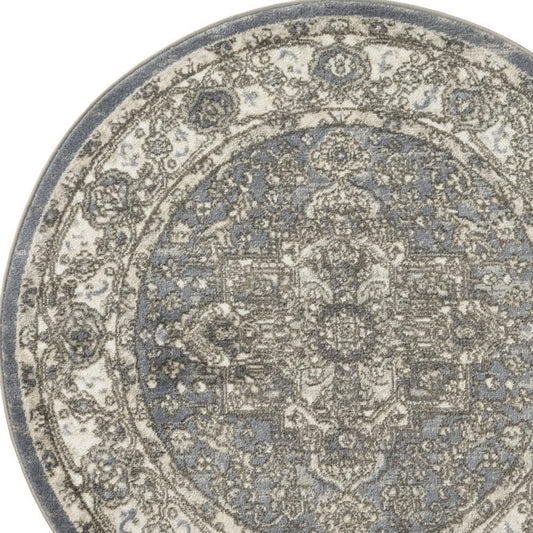 8' Blue Floral Power Loom Round Rug