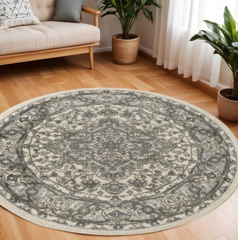 8' Blue Floral Power Loom Round Rug