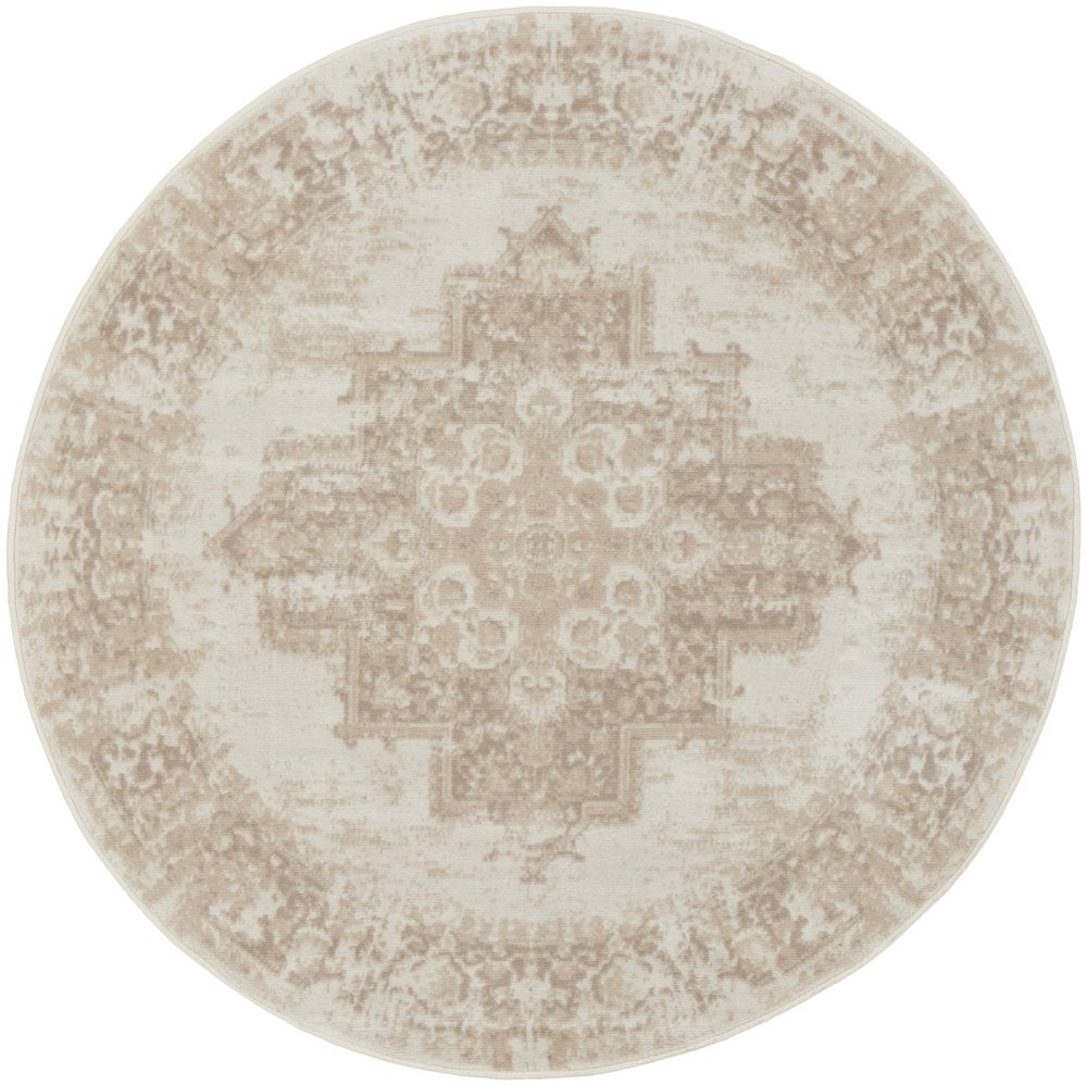 4' Ivory Floral Power Loom Worn Faded Round Rug
