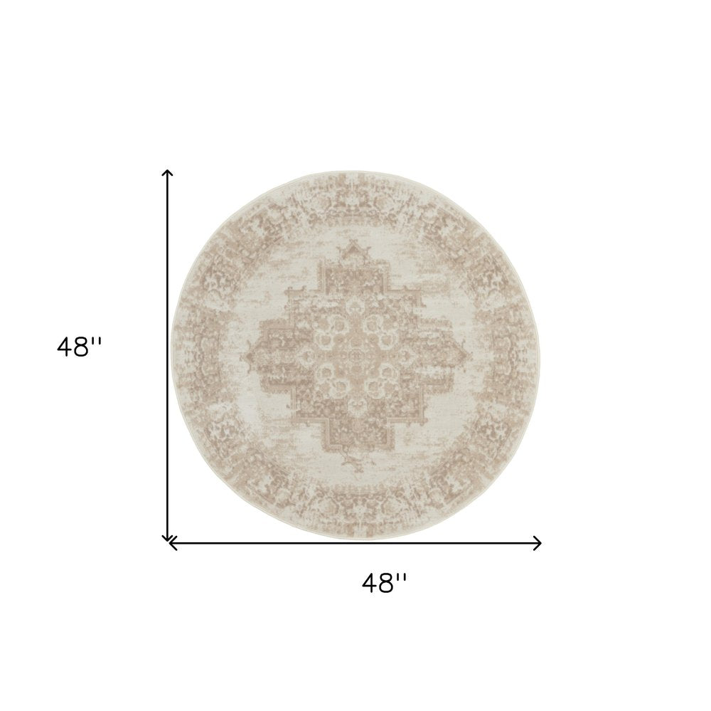 4' Ivory Floral Power Loom Worn Faded Round Rug