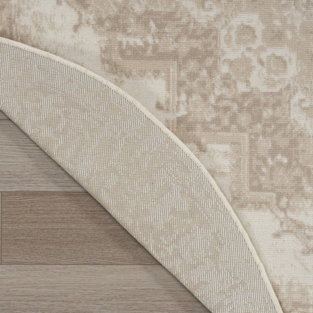 4' Ivory Floral Power Loom Worn Faded Round Rug