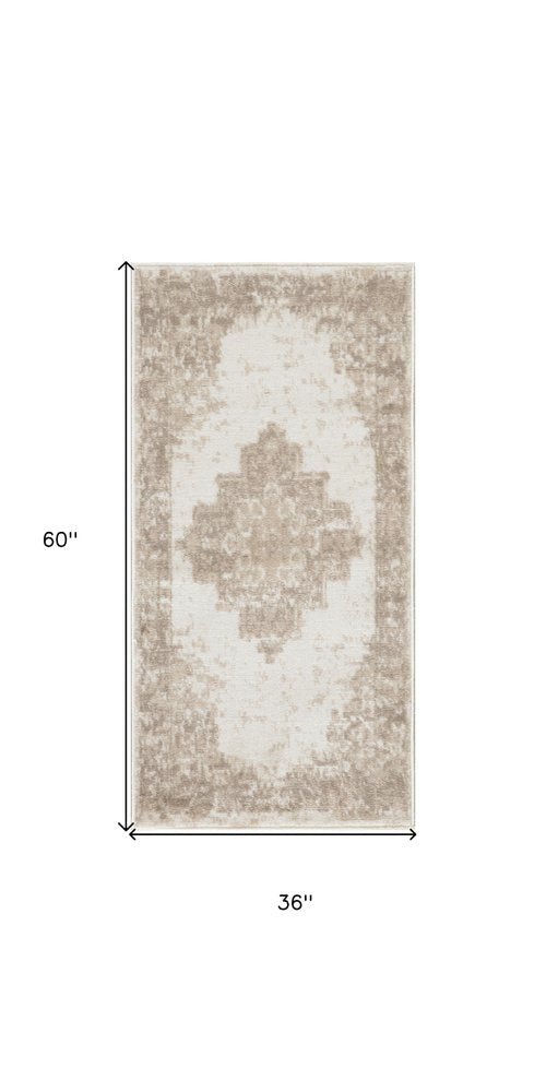 3' X 5' Ivory Floral Power Loom Worn Faded Area Rug
