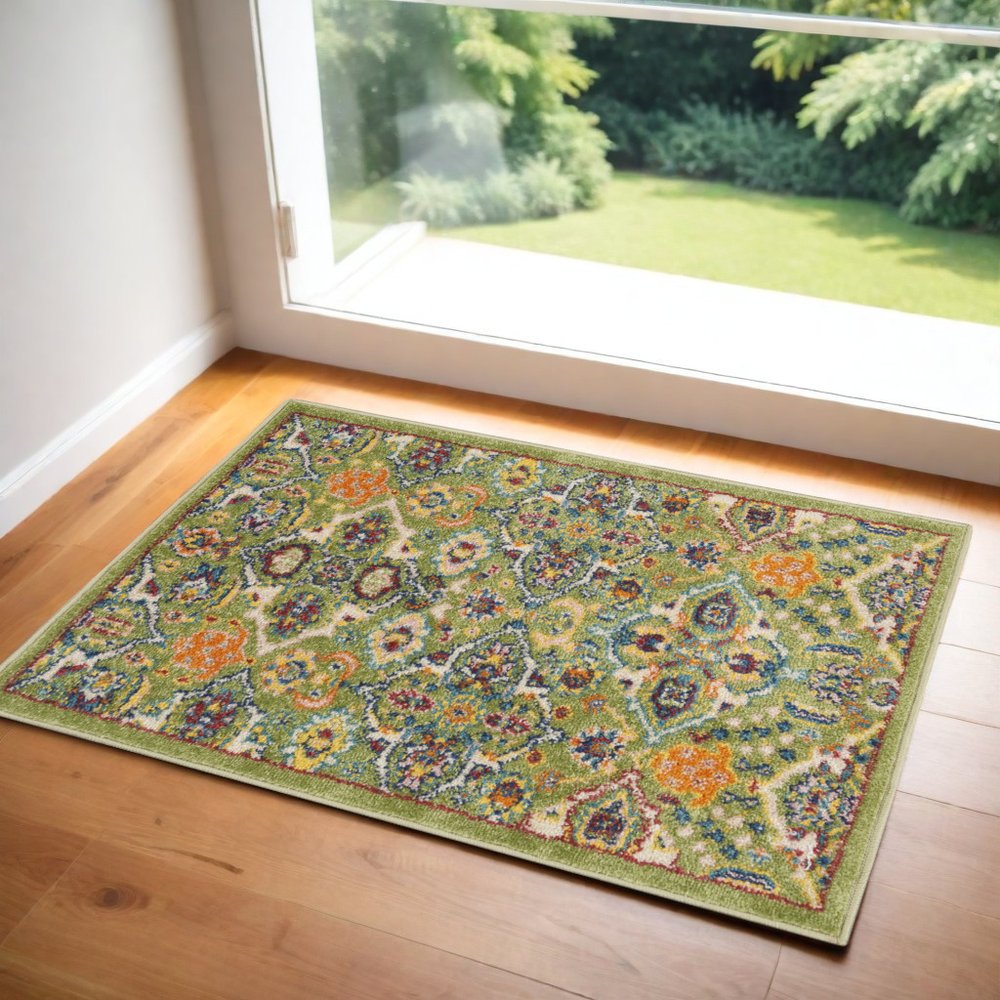 2' X 3' Green Floral Power Loom Area Rug