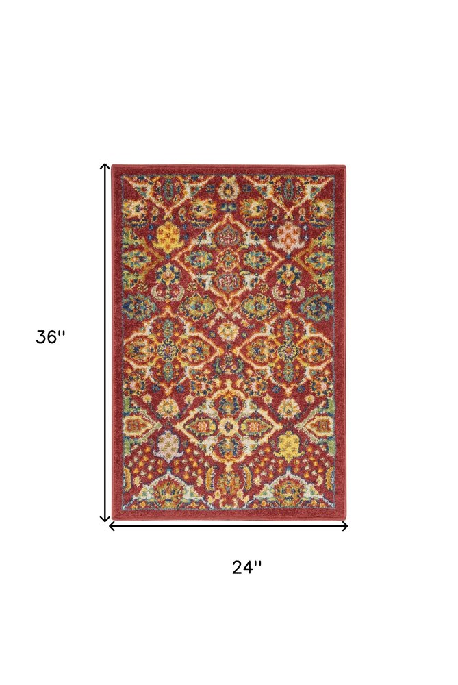 2' X 3' Red Floral Power Loom Area Rug