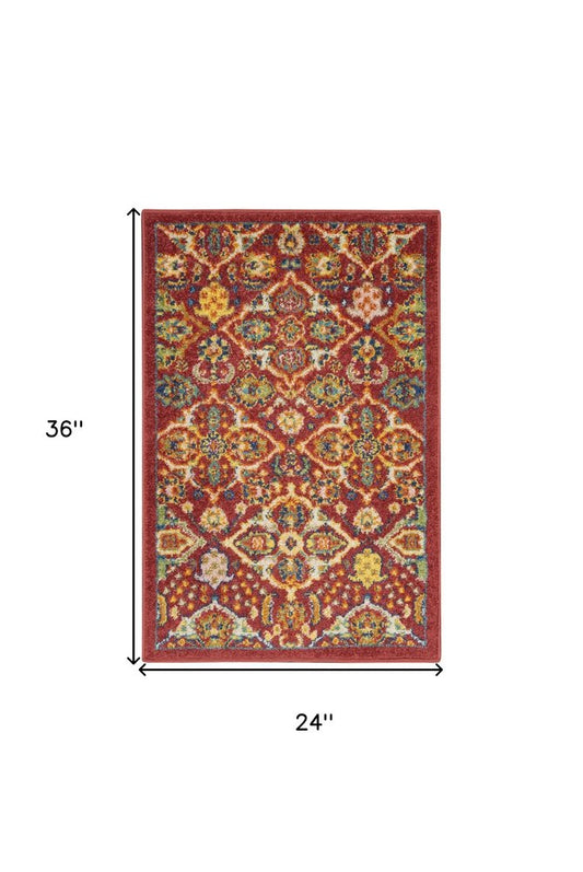 2' X 3' Red Floral Power Loom Area Rug