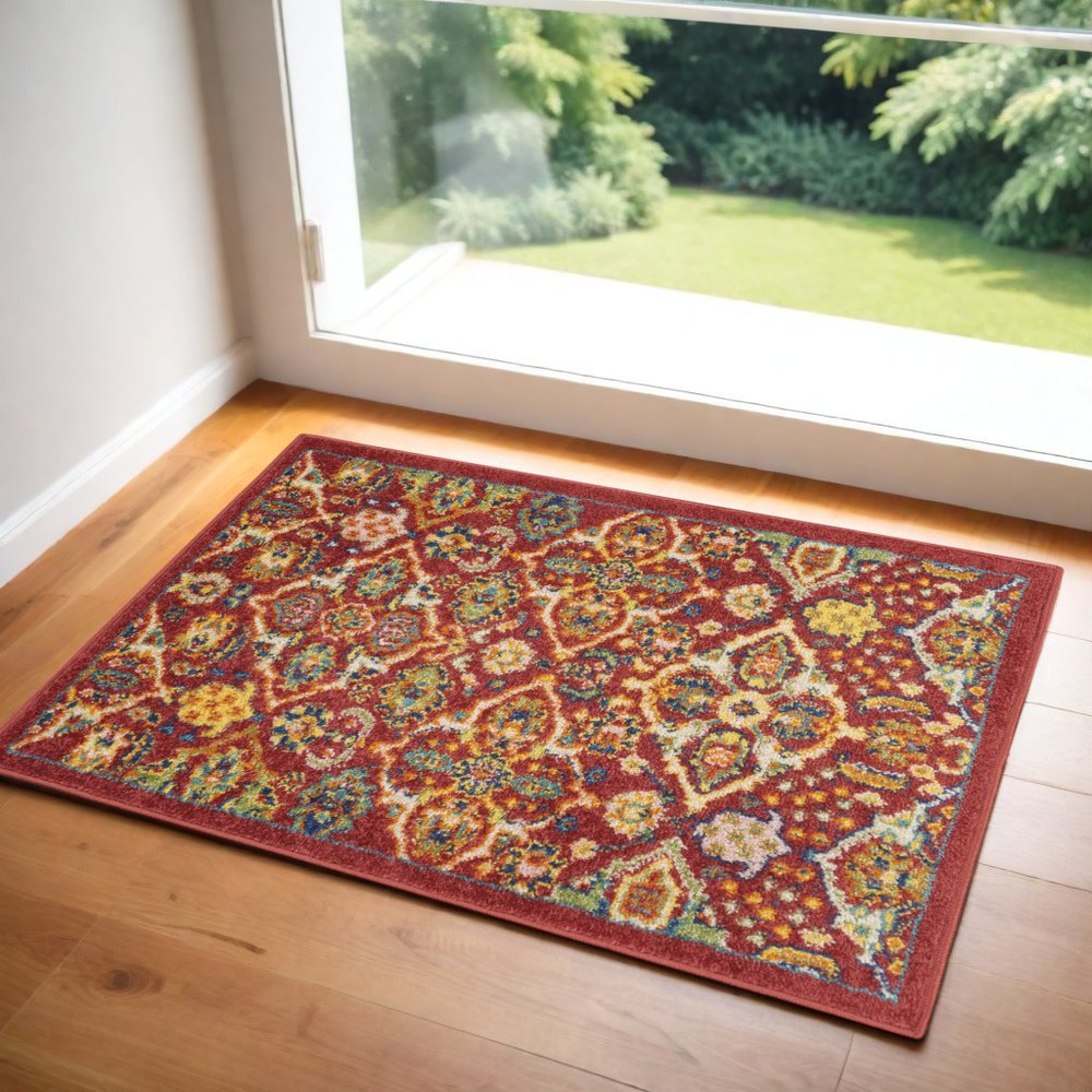 2' X 3' Red Floral Power Loom Area Rug