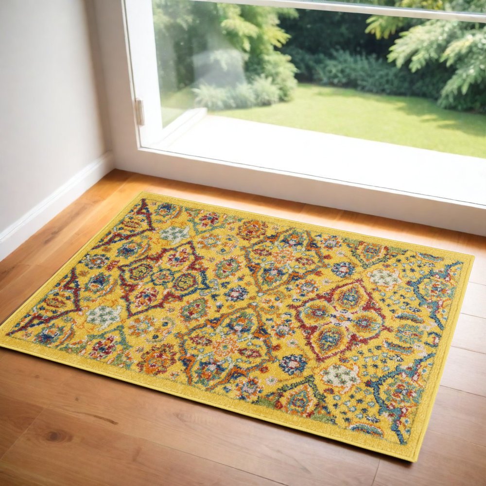 2' X 3' Yellow Floral Power Loom Area Rug