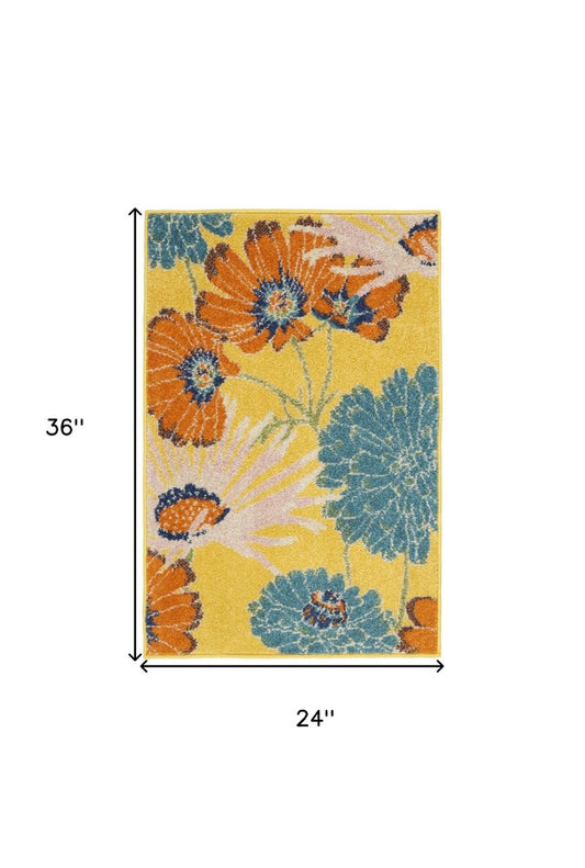 2' X 3' Yellow Floral Power Loom Area Rug