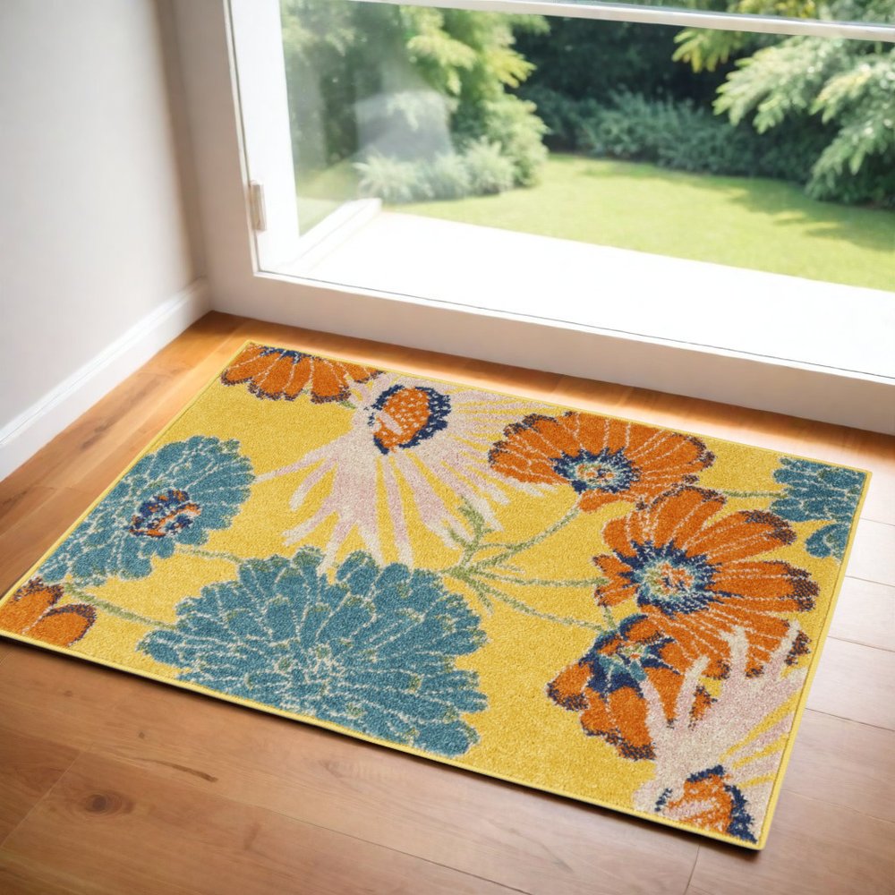 2' X 3' Yellow Floral Power Loom Area Rug