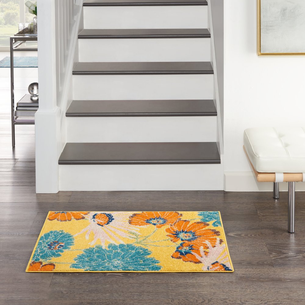 2' X 3' Yellow Floral Power Loom Area Rug
