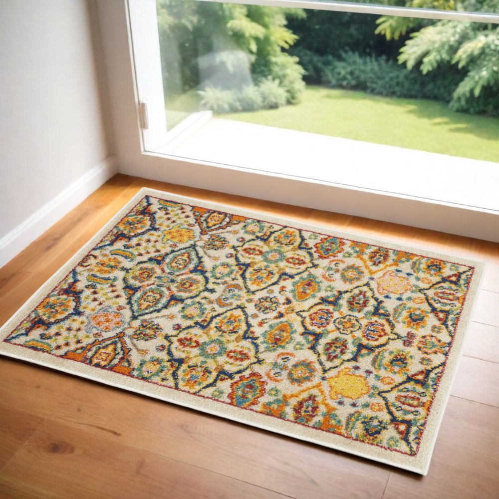 2' X 3' Ivory Floral Power Loom Area Rug