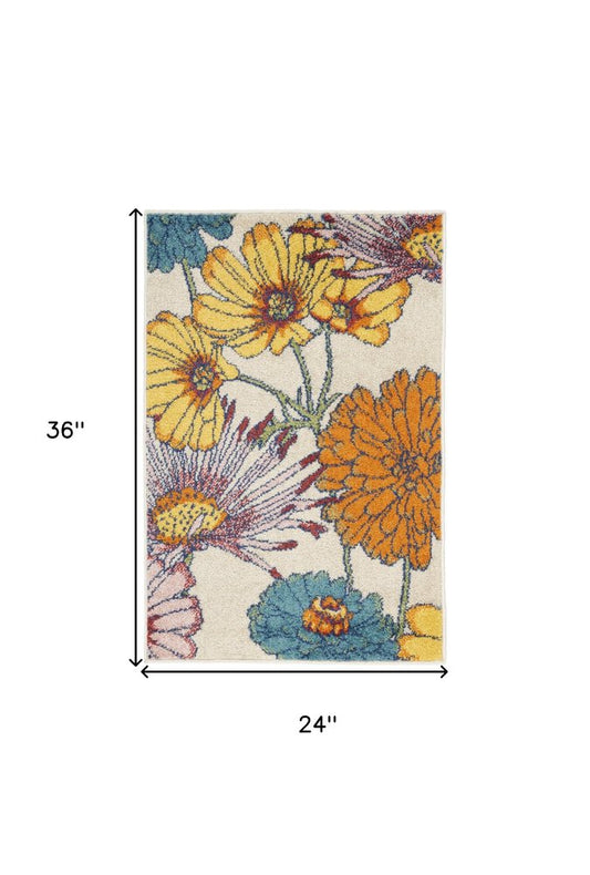 2' X 3' Ivory Floral Power Loom Area Rug