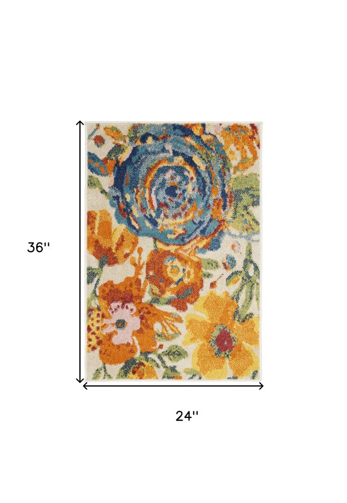 2' X 3' Ivory Floral Power Loom Area Rug