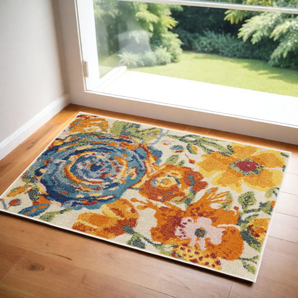 2' X 3' Ivory Floral Power Loom Area Rug