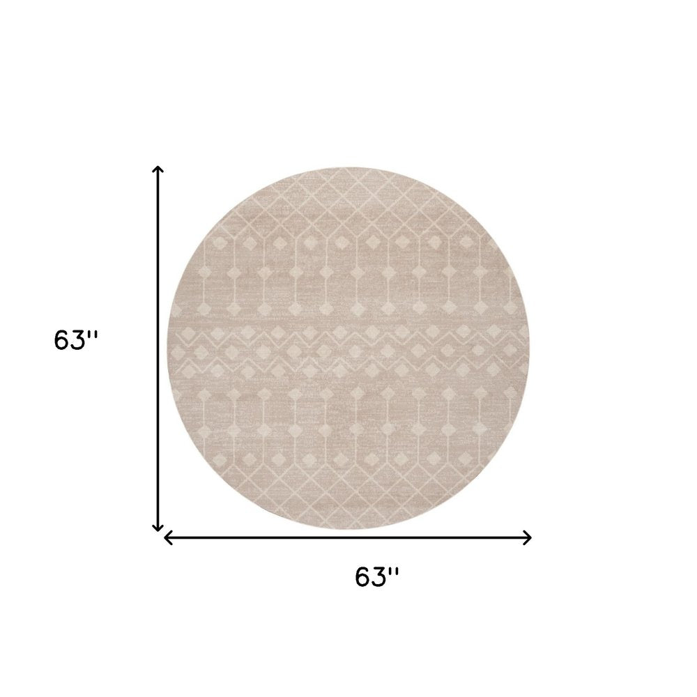 5' Beige Geometric Power Loom Round Rug