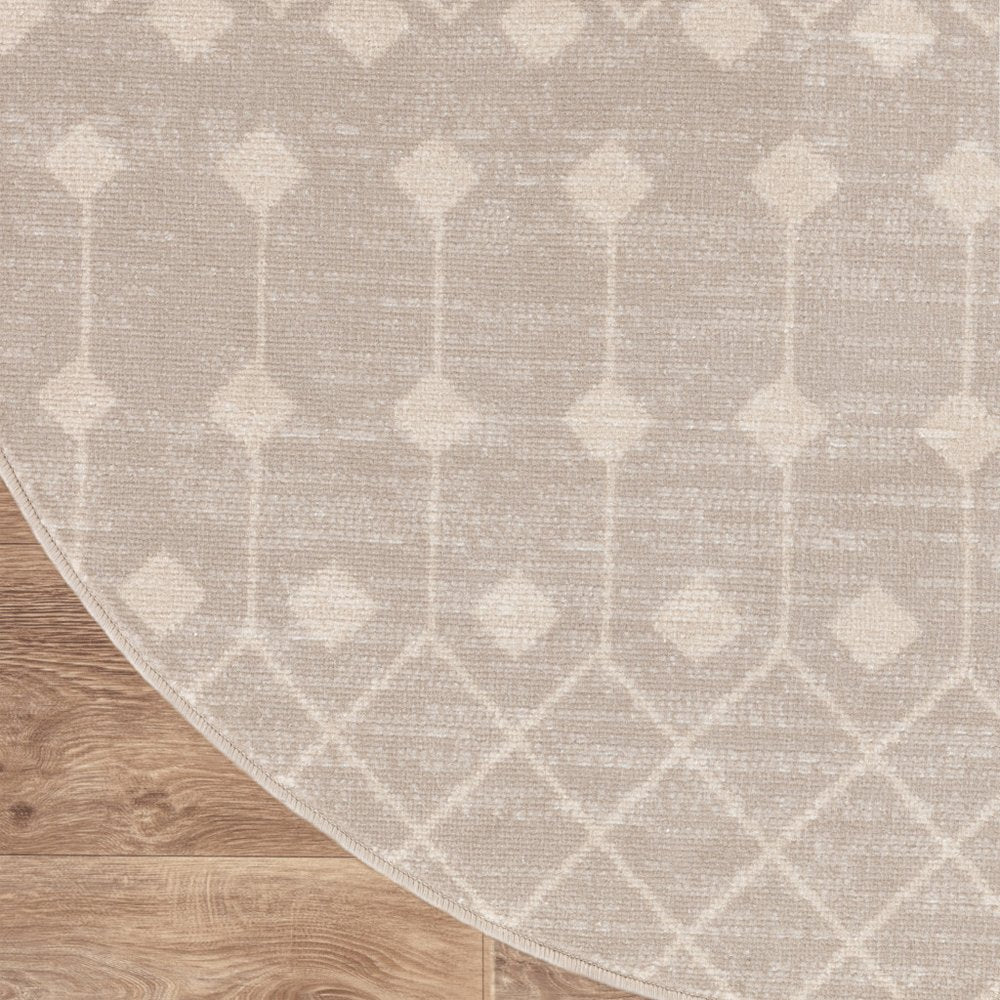 5' Beige Geometric Power Loom Round Rug