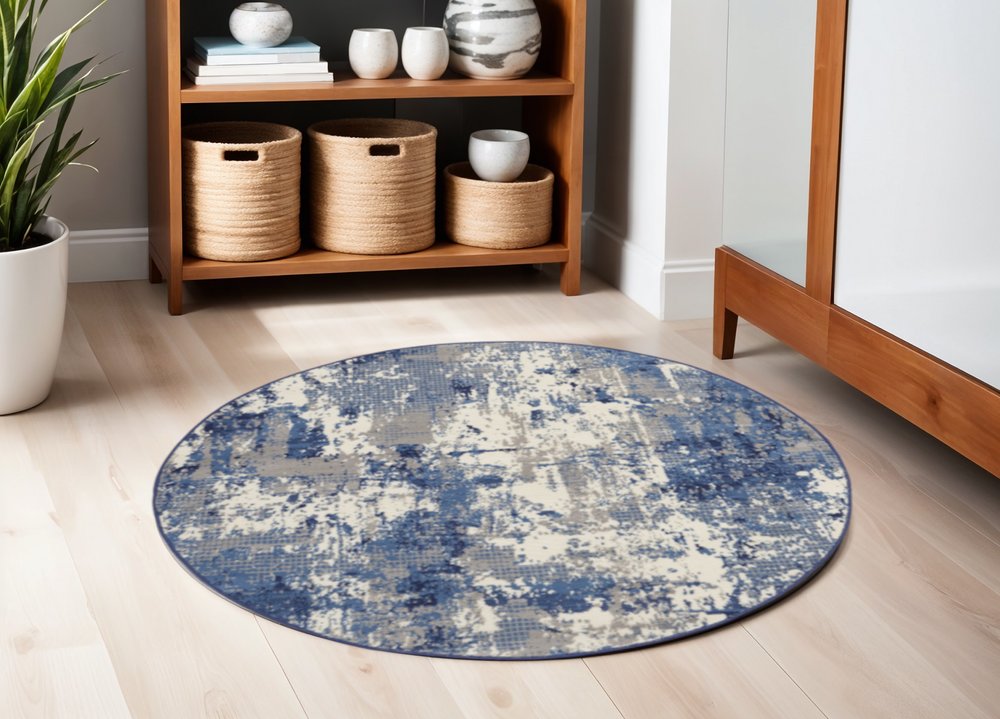 5' Blue Abstract Power Loom Round Rug