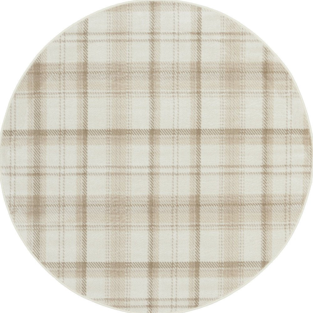 5' Ivory Plaid Power Loom Round Rug