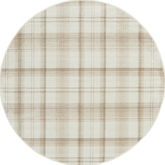 5' Ivory Plaid Power Loom Round Rug