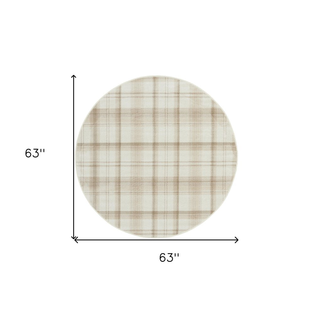 5' Ivory Plaid Power Loom Round Rug