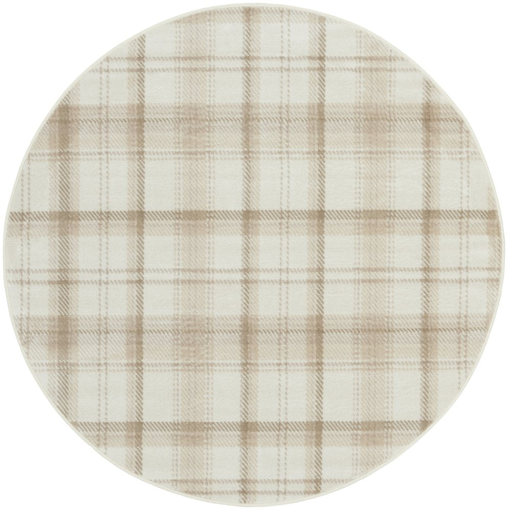 5' Ivory Plaid Power Loom Round Rug