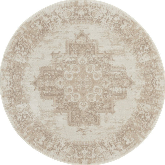 5' Ivory Floral Power Loom Worn Faded Round Rug