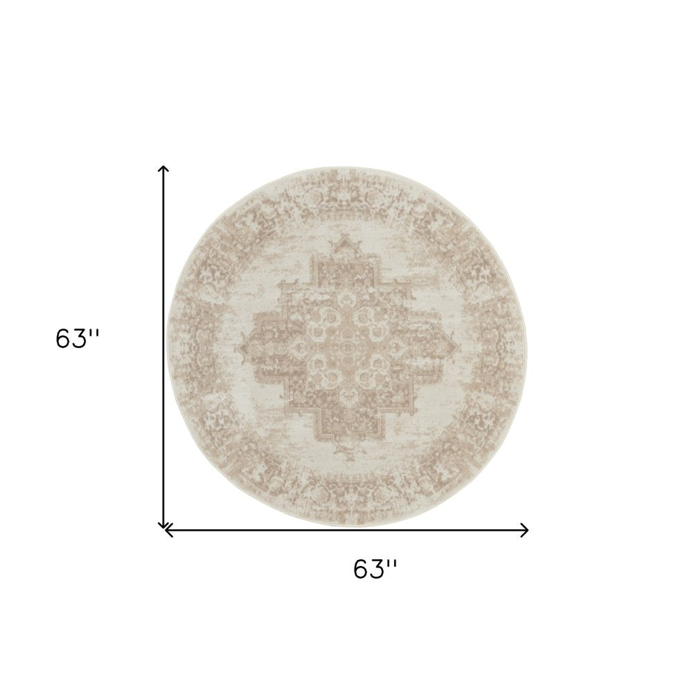 5' Ivory Floral Power Loom Worn Faded Round Rug