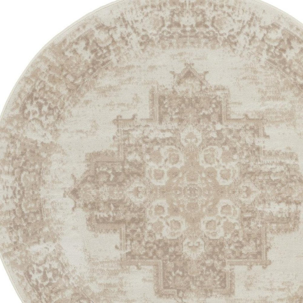 5' Ivory Floral Power Loom Worn Faded Round Rug