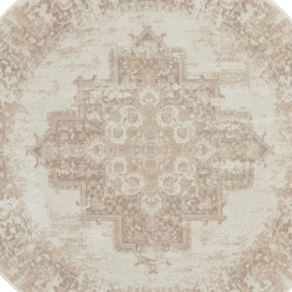 5' Ivory Floral Power Loom Worn Faded Round Rug