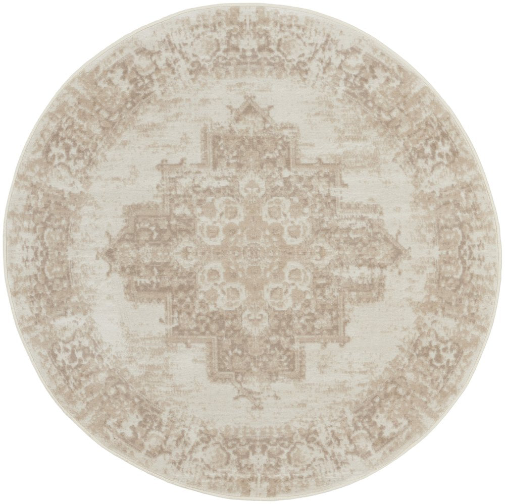 5' Ivory Floral Power Loom Worn Faded Round Rug